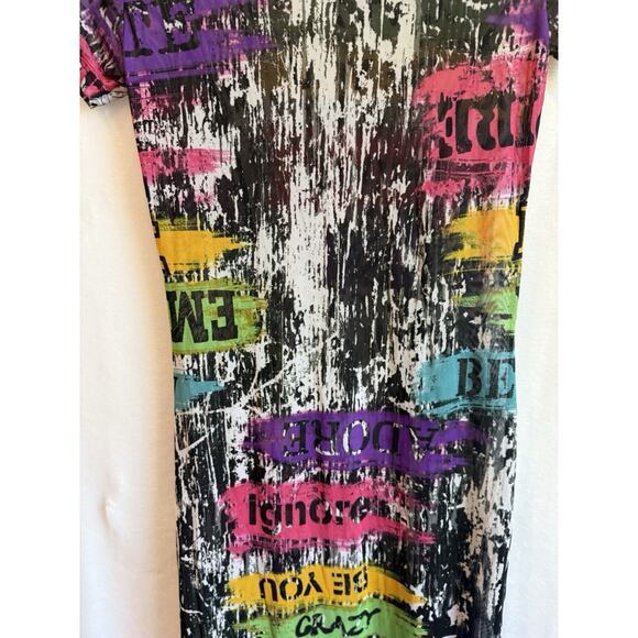 Vintage NYC Womens Y2K Mesh Graffiti Midi Top Size S Club Cyber Art Rave Grunge - Picture 12 of 13